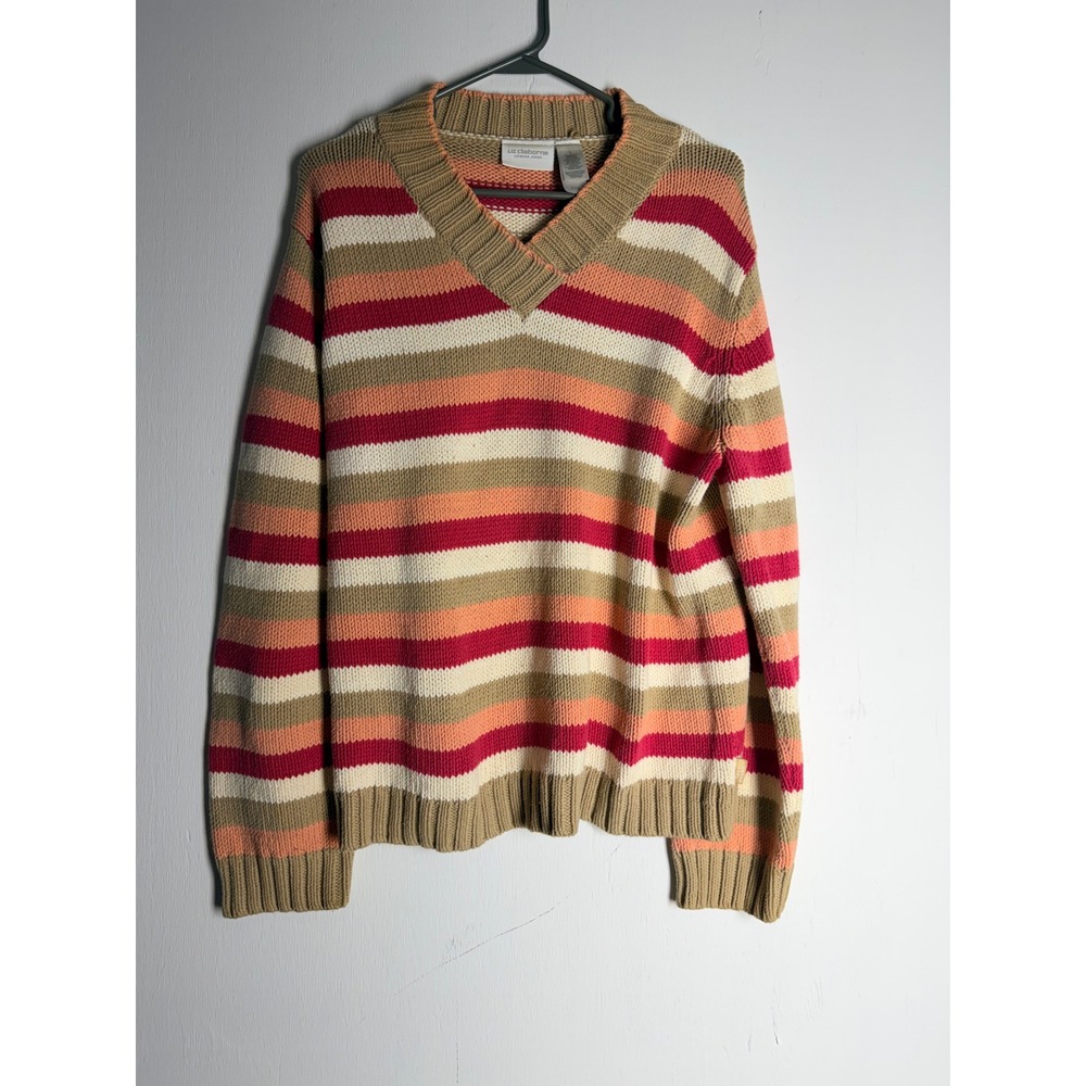 Liz Claiborne Lizwear Striped V-Neck Sweater Womens Large Red Orange Tan Knit L